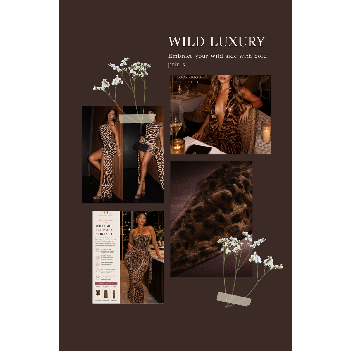 Rich Girl Club Print Collection cover - moody leopard print editorial collage, Wild Luxury gold script headline