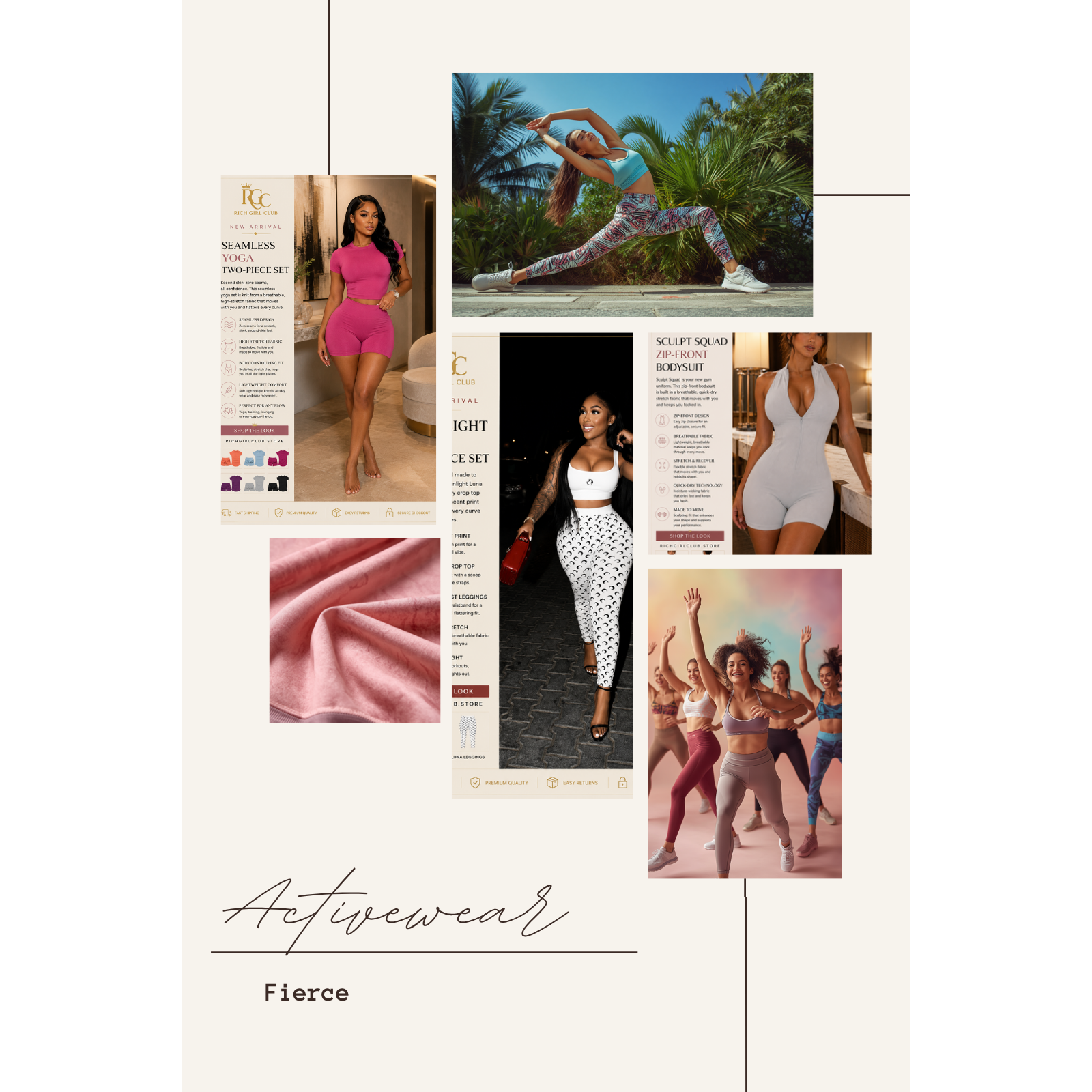 Rich Girl Club Activewear collection cover — dynamic angled photo collage of yoga and activewear sets