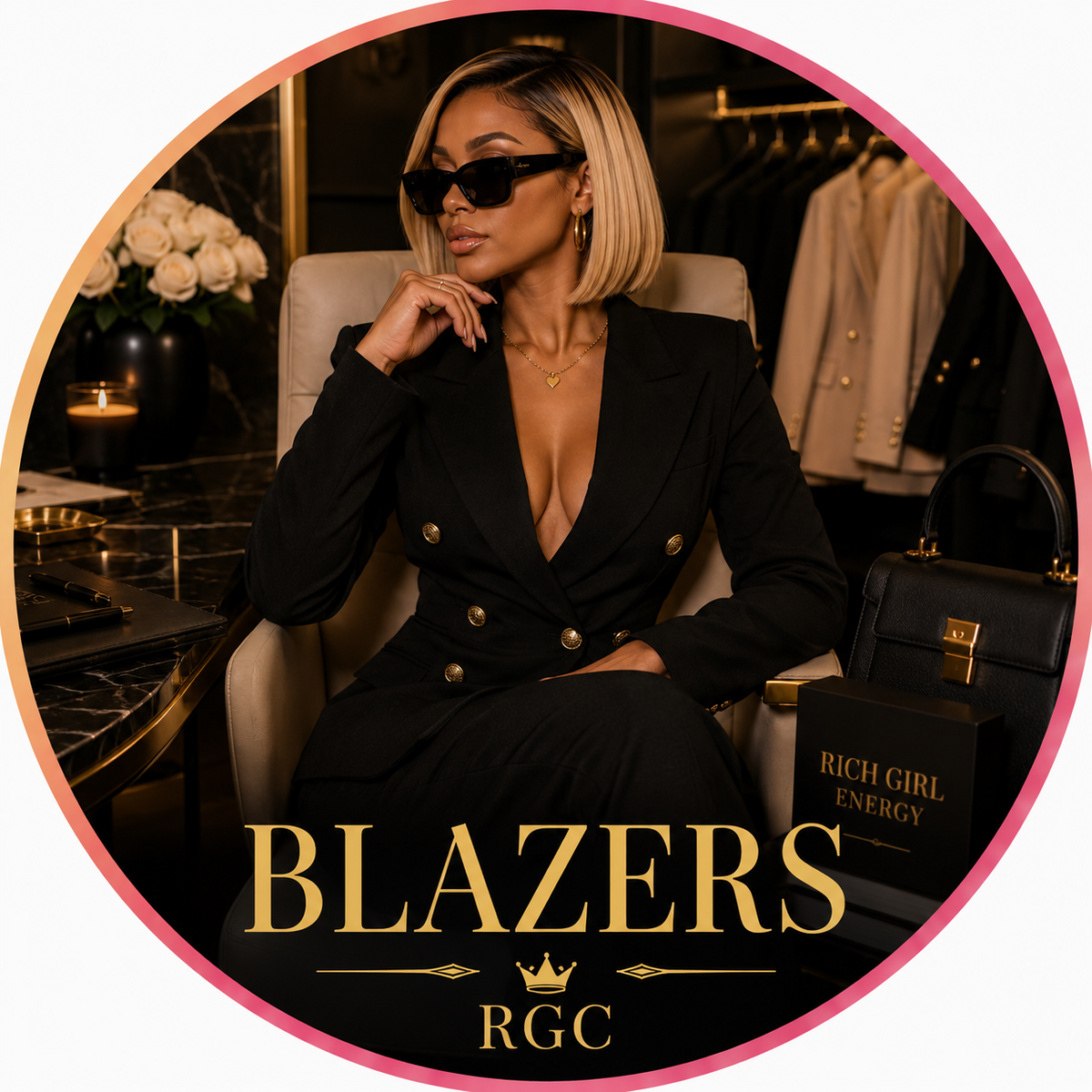Rich Girl Club Blazers collection cover - CEO boardroom bombshell power poster featuring Presley Sequin Crop Blazer