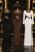 After Dark Cutout Dress in Black, Brown, and White, Rich Girl Club branded hero