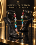 Black Afterglow beaded open-toe stiletto sandal with three buckled straps