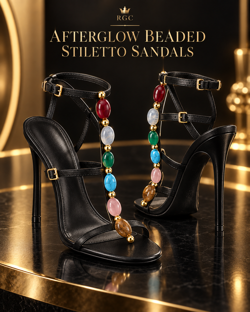Black Afterglow beaded open-toe stiletto sandal with three buckled straps