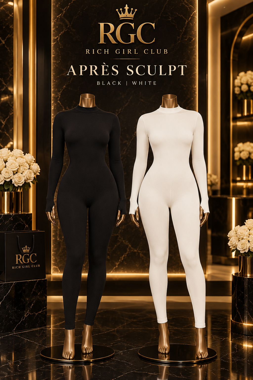 Après Sculpt Black and White fitted jumpsuits — Rich Girl Club campaign hero