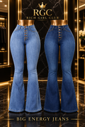 Big Energy Jeans in Light Blue and Navy Blue, shown side by side in the Rich Girl Club campaign setting.
