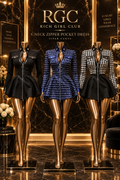 V-Neck Zipper Pocket Dress in Black, Blue, and Houndstooth on three signature curvy RGC mannequins