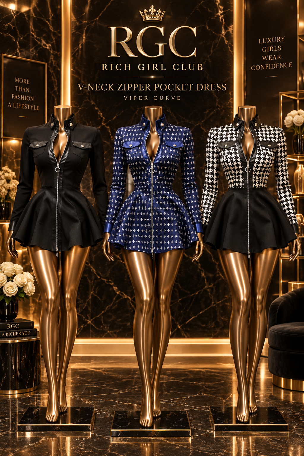 V-Neck Zipper Pocket Dress in Black, Blue, and Houndstooth on three signature curvy RGC mannequins