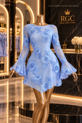 Blue Bloom Fantasy Mini Dress in powder blue with sheer bell sleeves and tonal floral appliqués, front view on RGC mannequin