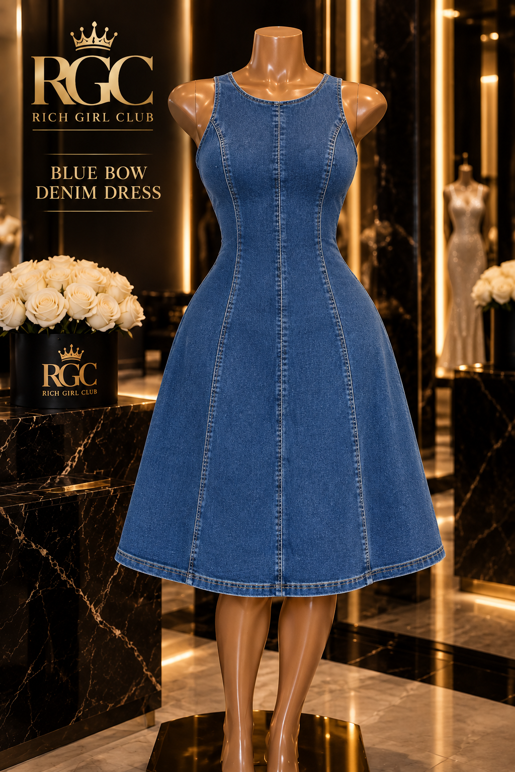 Blue Bow Denim Dress front view on the signature curvy RGC mannequin