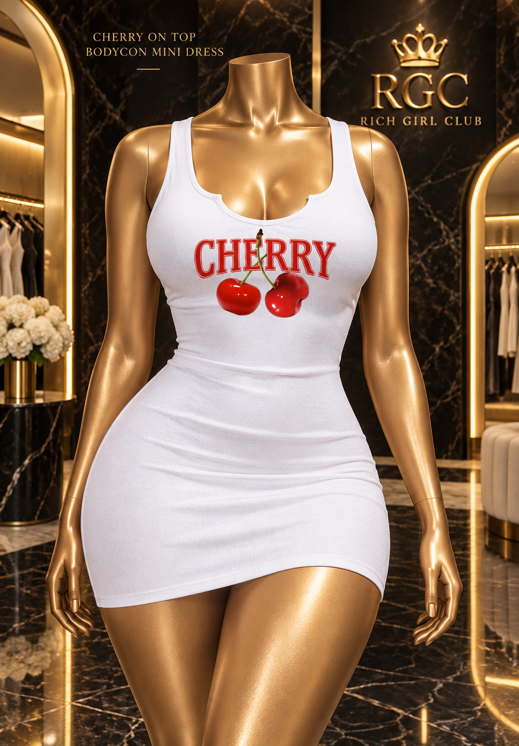 Cherry On Top white rib-knit bodycon mini dress with red CHERRY graphic and two cherries