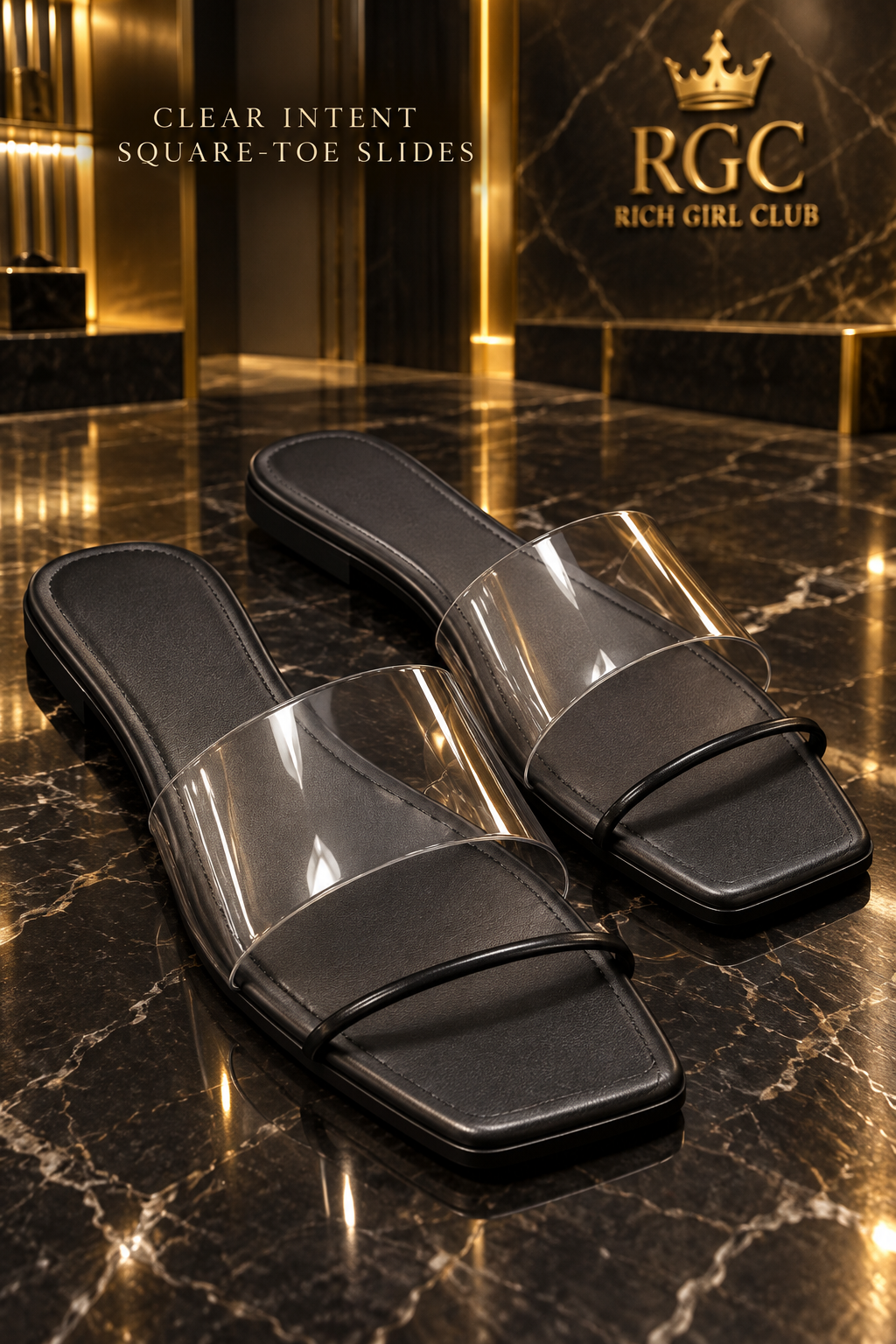 Clear Intent black square-toe slides with clear glossy vamp bands and slim black toe straps