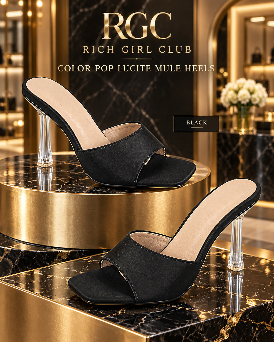 Black Color Pop Lucite Mule Heels with square open toe and clear sculpted heel