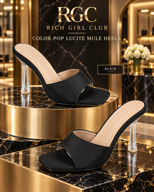 Black Color Pop Lucite Mule Heels with square open toe and clear sculpted heel