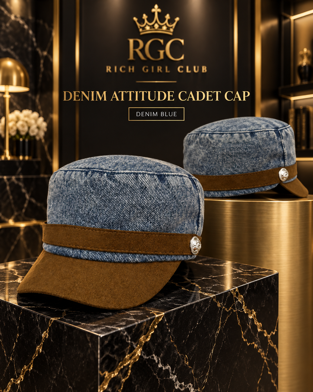 Denim Attitude Cadet Cap in Denim Blue with brown band and curved brim