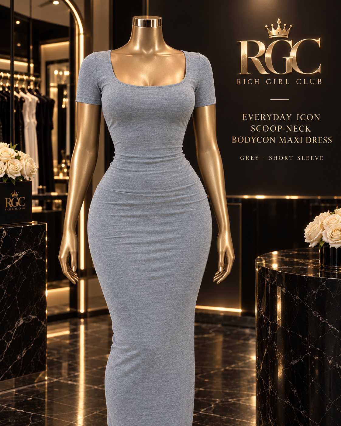 Everyday Icon grey short-sleeve scoop-neck bodycon maxi dress on the RGC Viper display