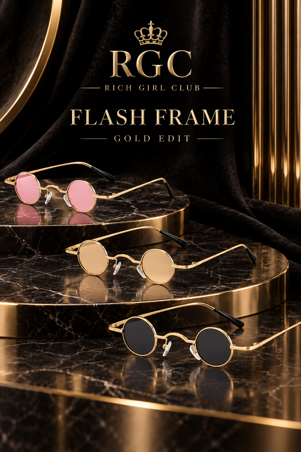 Flash Frame Gold Edit featuring Gold Pink, Gold Champagne, and Gold Gray sunglasses