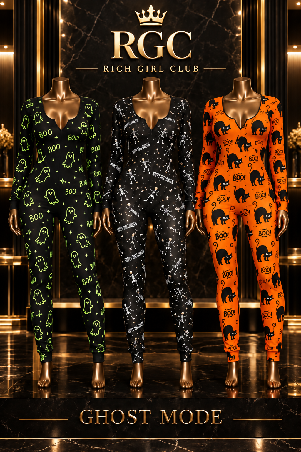 Ghost Mode Halloween jumpsuits in green ghost, white skeleton, and orange cat prints on mannequins