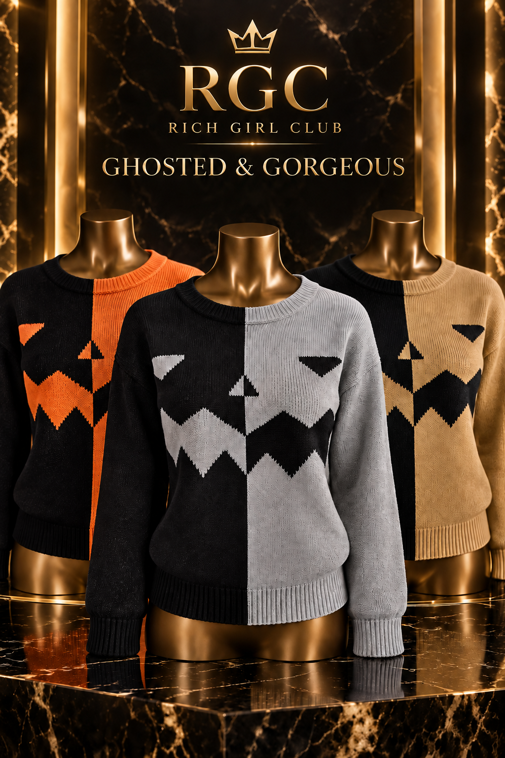 Ghosted & Gorgeous sweater in Orange, Grey, and Khaki on three RGC mannequins
