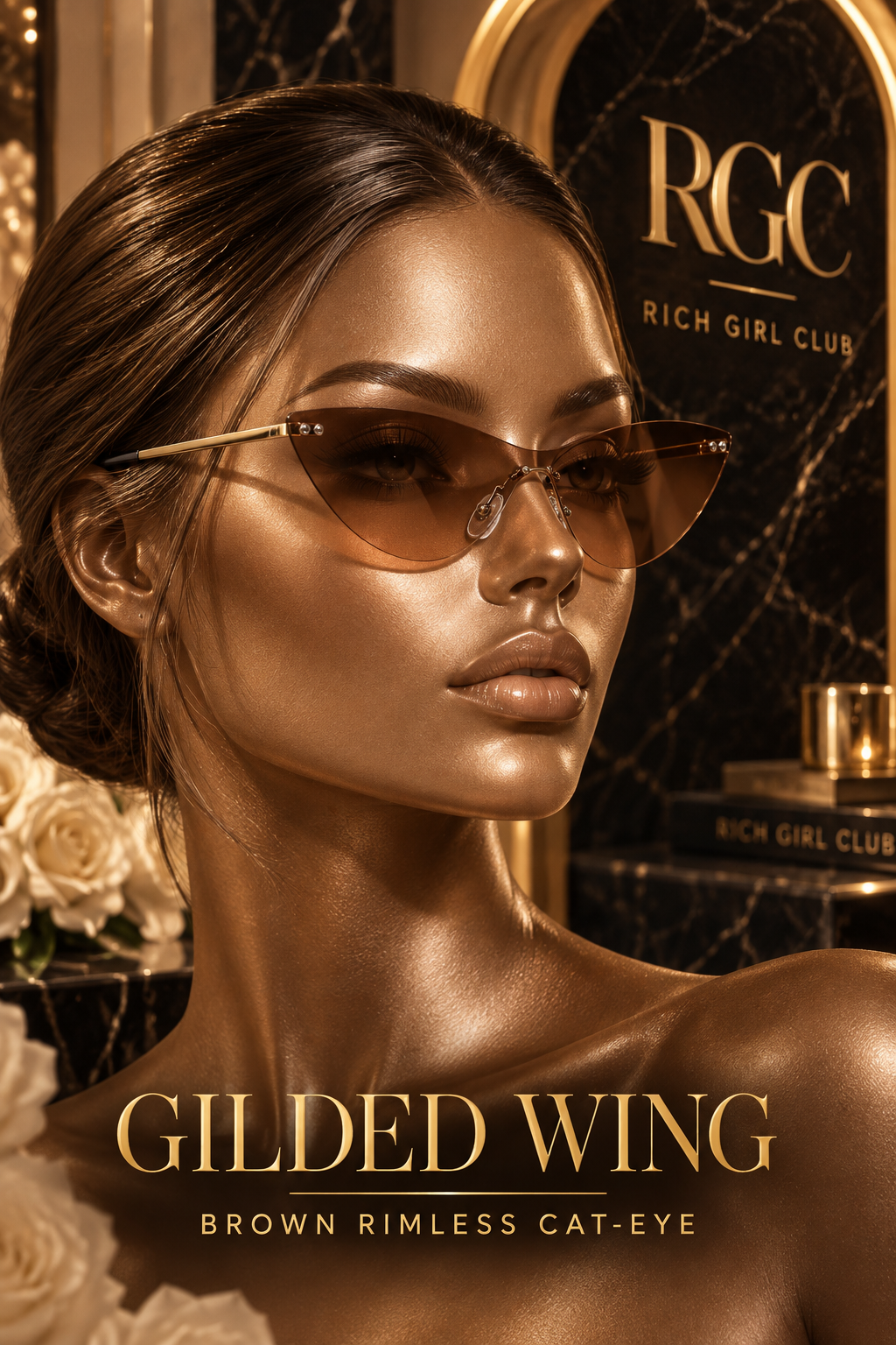 RGC Gilded Wing Brown rimless cat-eye sunglasses worn on a bronze mannequin