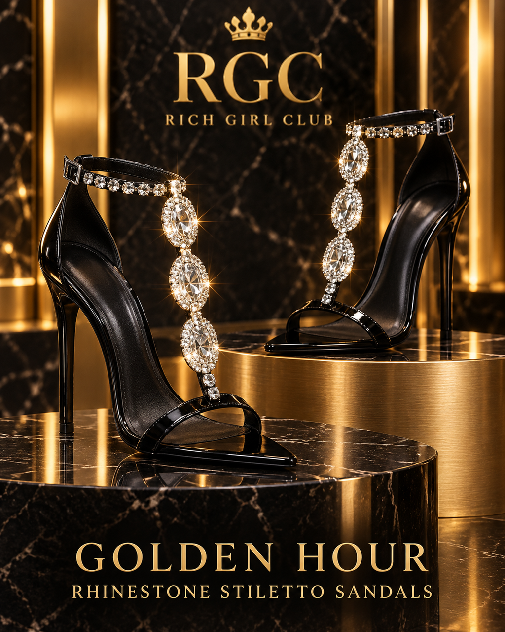 Golden Hour Rhinestone Stiletto Sandals in Black with three faceted T-strap ornaments