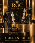 Golden Hour Rhinestone Stiletto Sandals in Black with three faceted T-strap ornaments