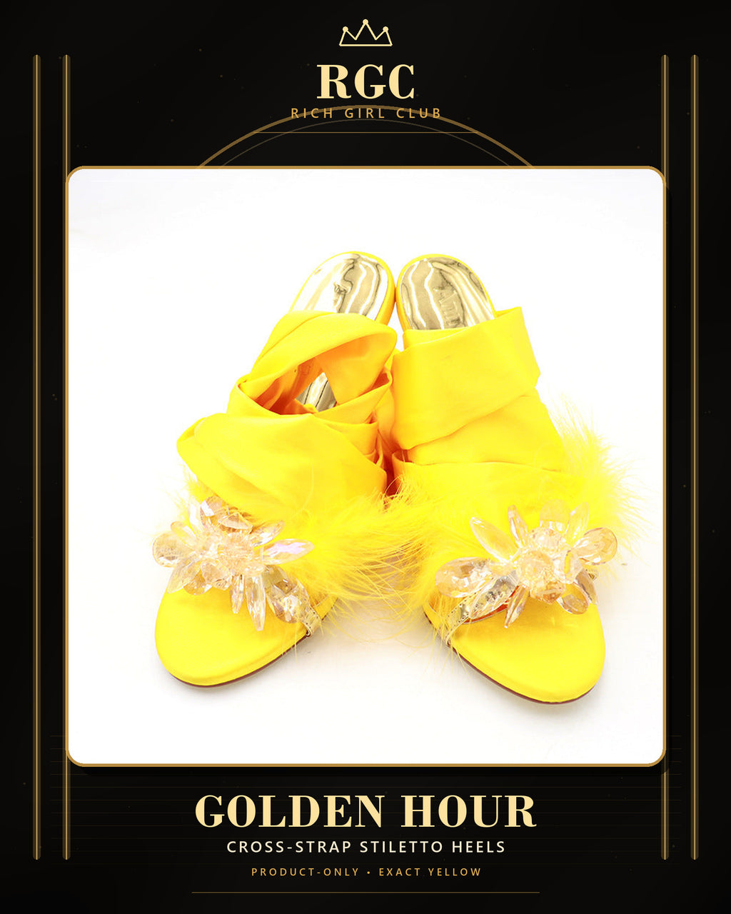 Golden Hour yellow cross-strap stiletto heels, paired front product view with crystal-flower toe ornaments, feather trim, gold footbeds, and wrap ribbons