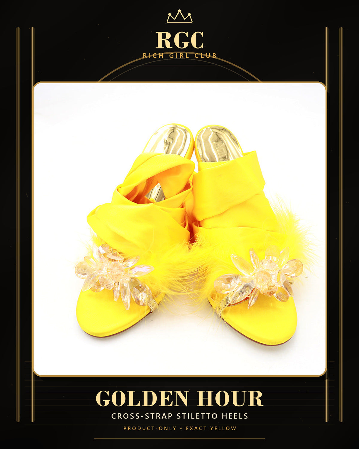 Golden Hour yellow cross-strap stiletto heels, paired front product view with crystal-flower toe ornaments, feather trim, gold footbeds, and wrap ribbons