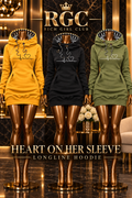 Yellow, Black, and Army Green Heart on Her Sleeve Longline Hoodies in a Rich Girl Club branded black-and-gold campaign.