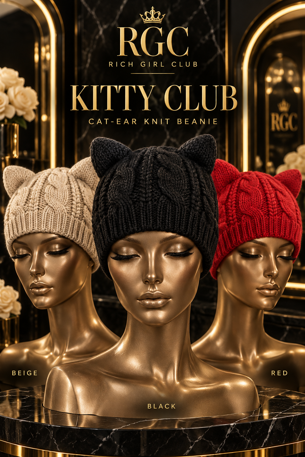 RGC Kitty Club cat-ear knit beanies in beige, black, and red on bronze mannequins