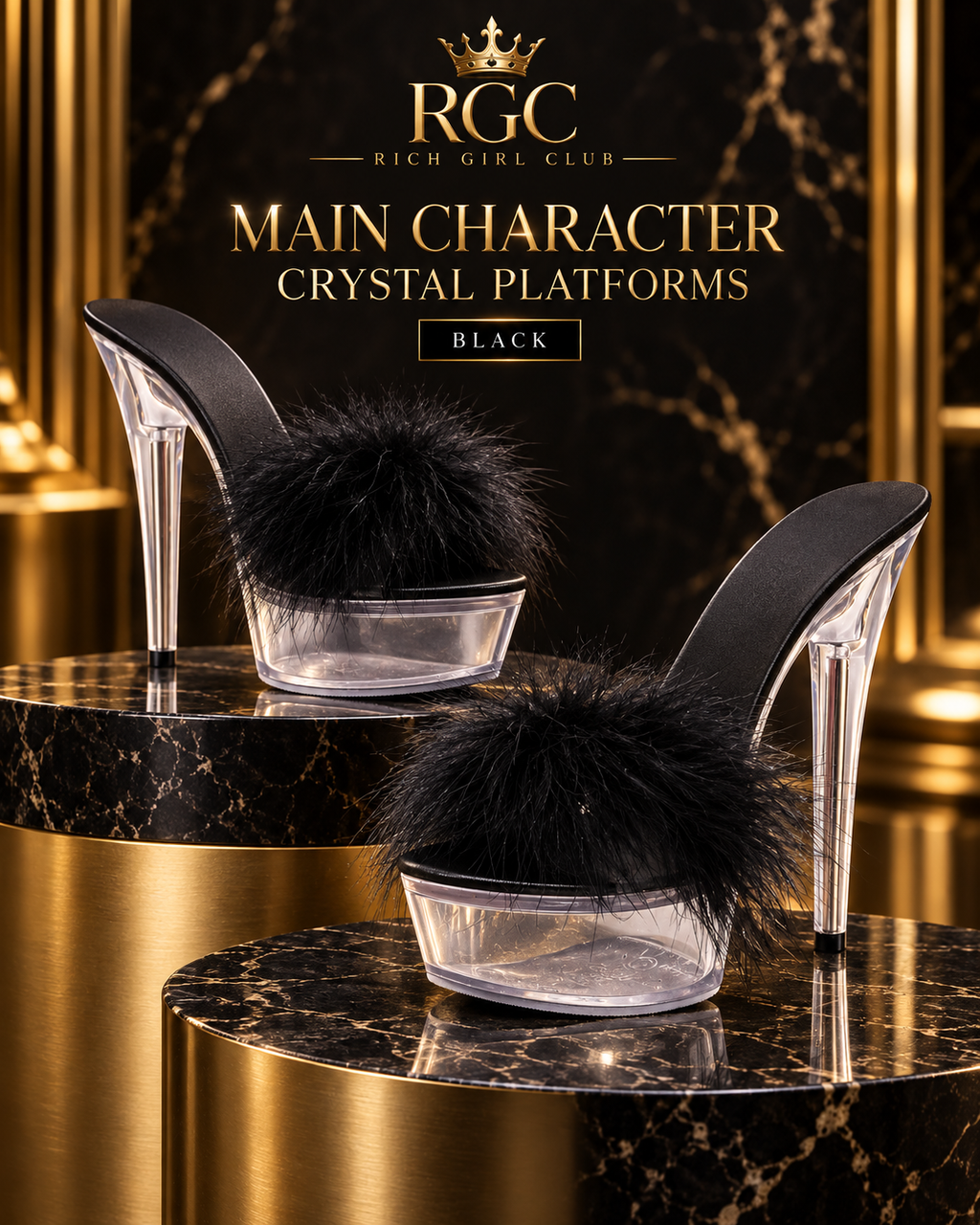Main Character Crystal Platforms in Black with feather band and clear platform