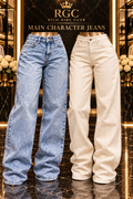 Light Blue and Off White Main Character Jeans in a Rich Girl Club branded campaign.