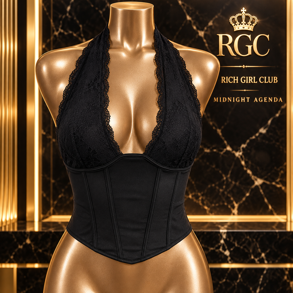 Midnight Agenda black lace-edged halter top on a bronze RGC mannequin, showing the V-shaped front, fitted seamed midsection and pointed hem.