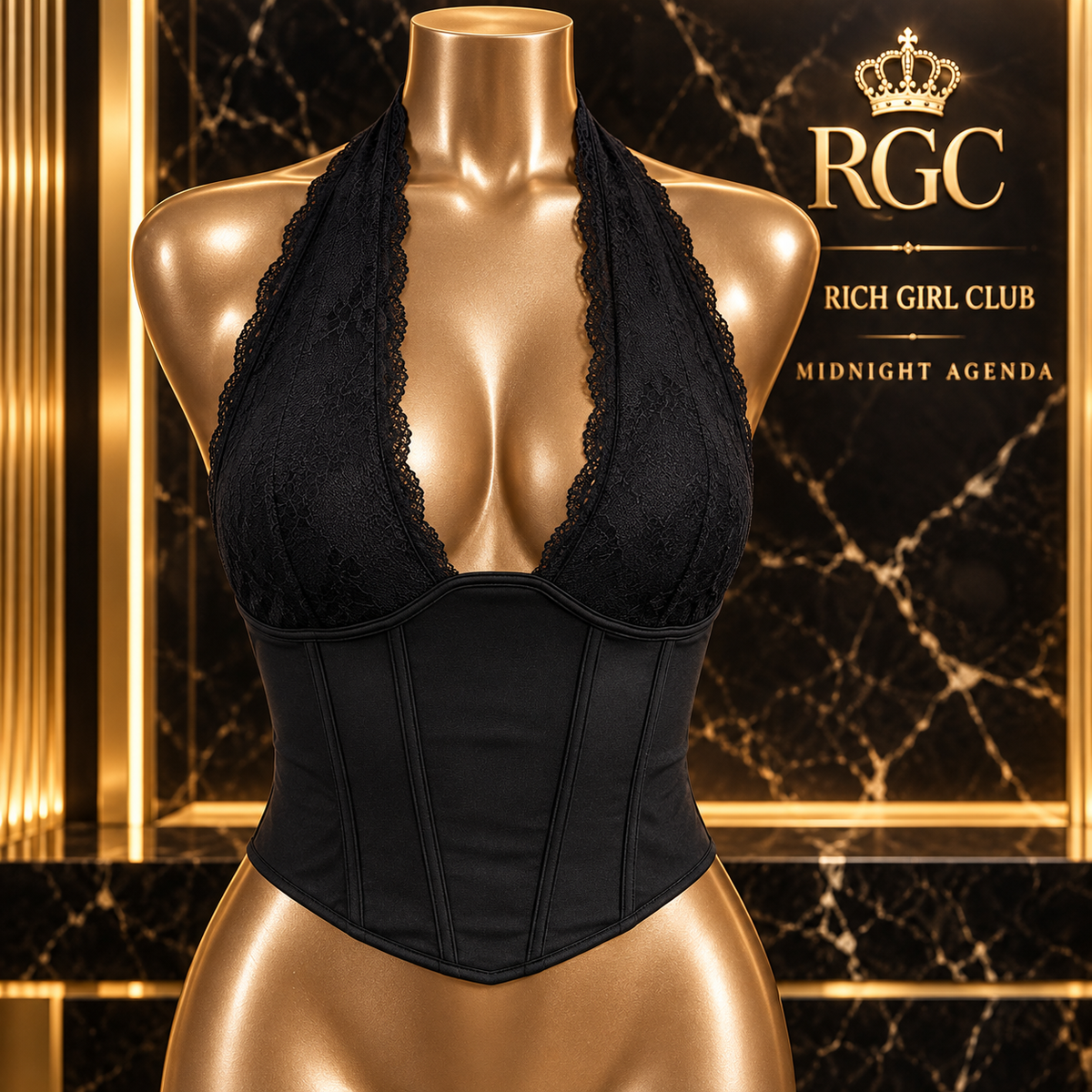 Midnight Agenda black lace-edged halter top on a bronze RGC mannequin, showing the V-shaped front, fitted seamed midsection and pointed hem.