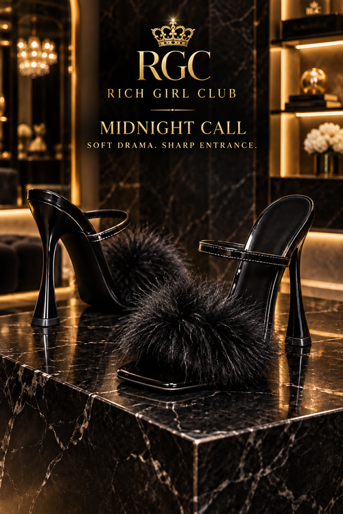 Midnight Call black feather square-toe mule heels by Rich Girl Club, pair on black marble