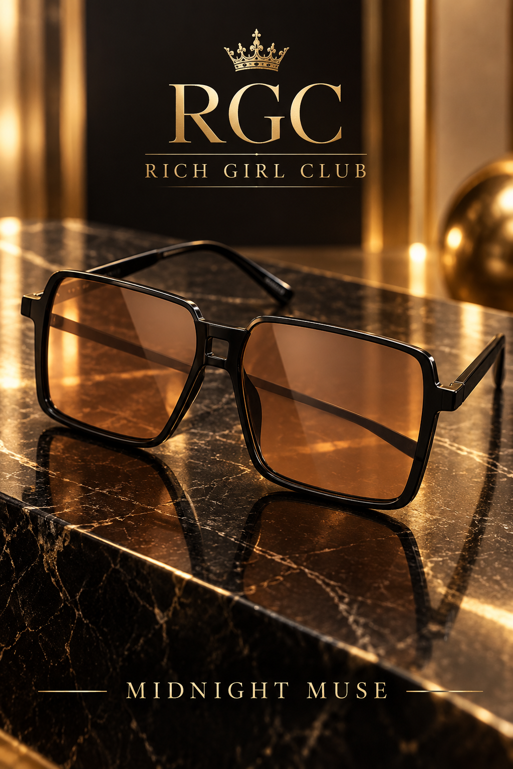 Midnight Muse black square sunglasses in a branded three-quarter hero view