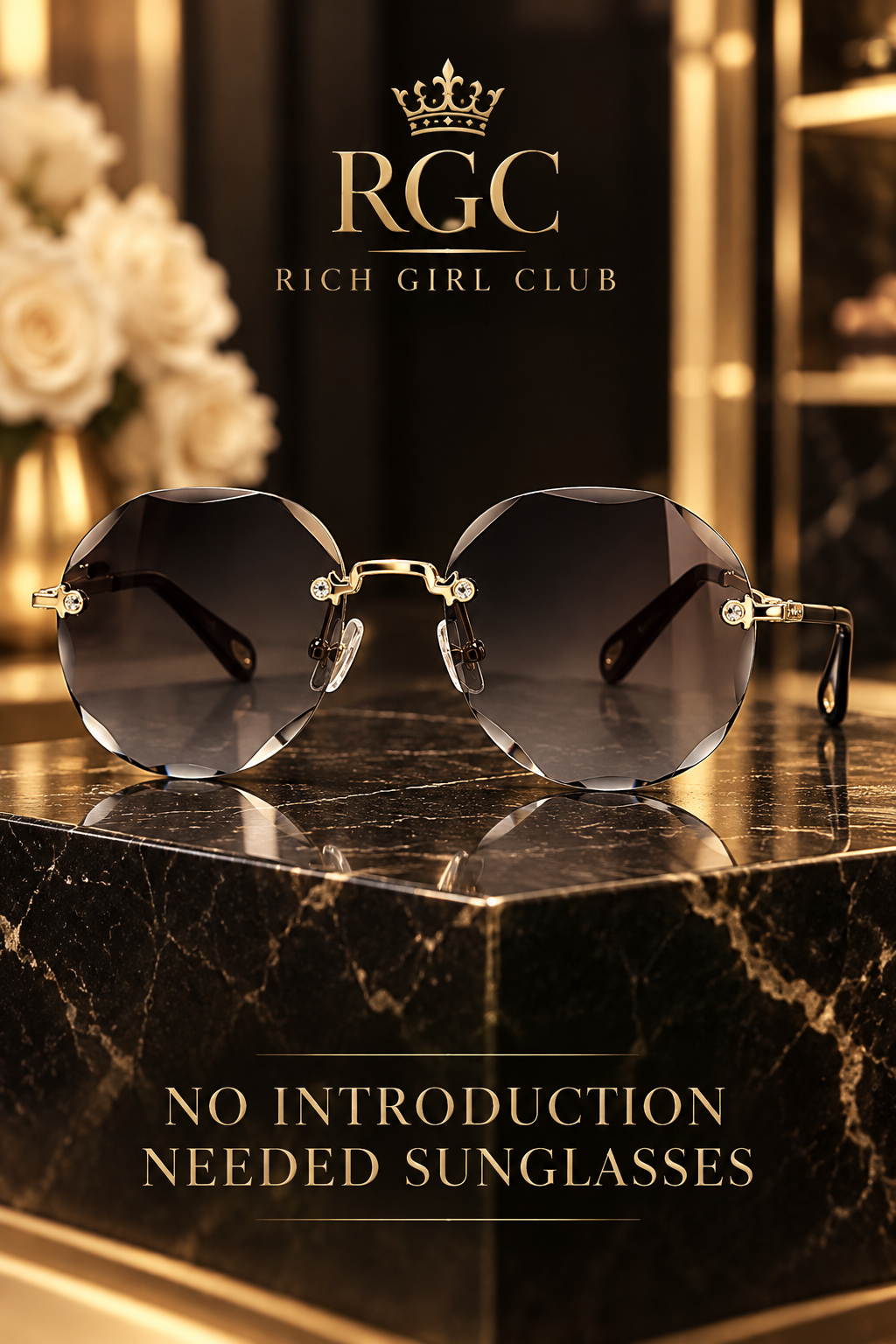 No Introduction Needed Sunglasses in Black grey gold, Rich Girl Club branded hero