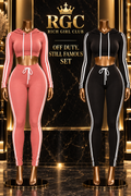 Pink and Black Off Duty, Still Famous two-piece sets in a Rich Girl Club branded black-and-gold campaign.