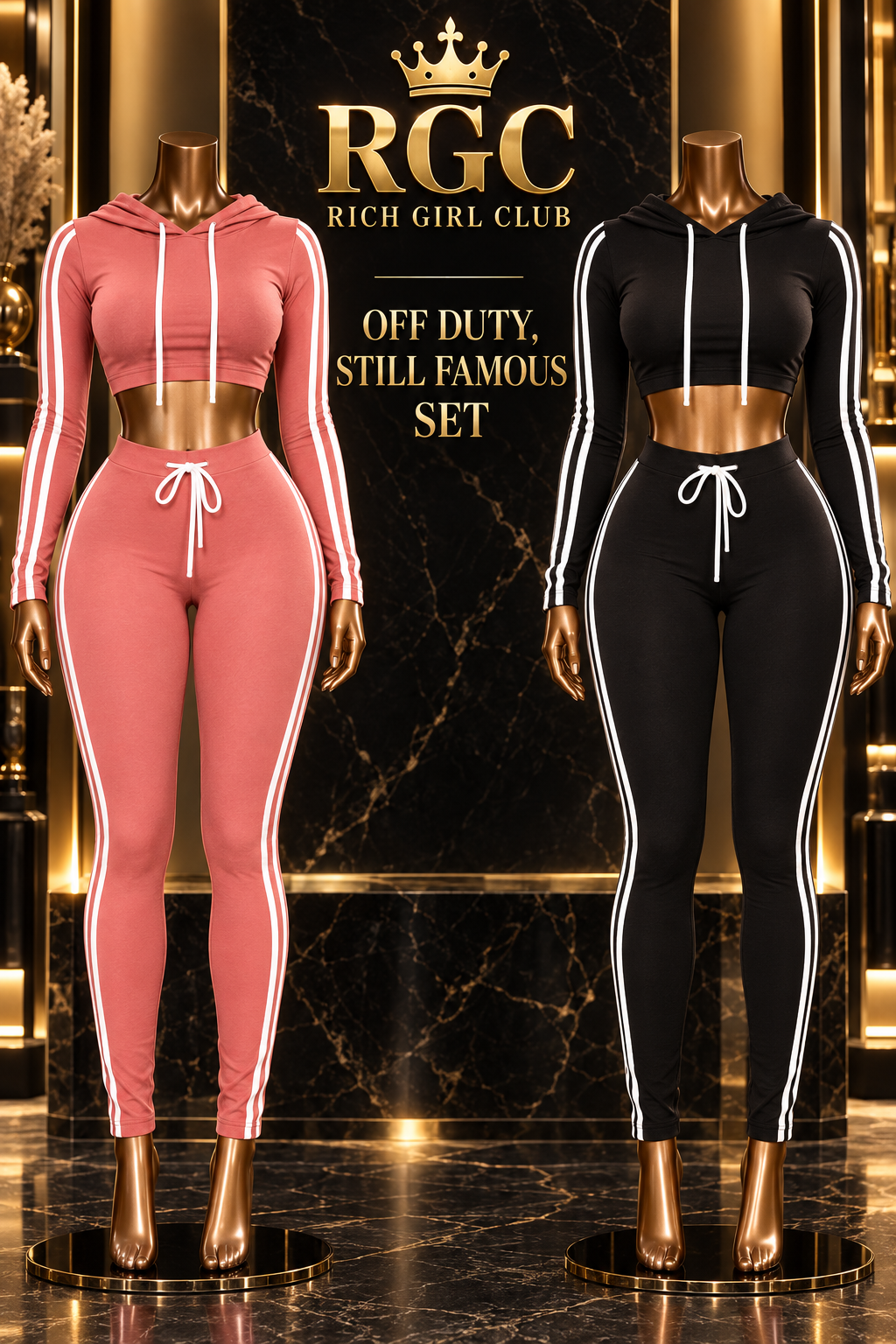 Pink and Black Off Duty, Still Famous two-piece sets in a Rich Girl Club branded black-and-gold campaign.
