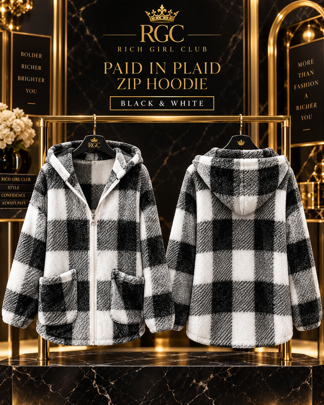 Paid in Plaid Zip Hoodie in Black & White, front and back