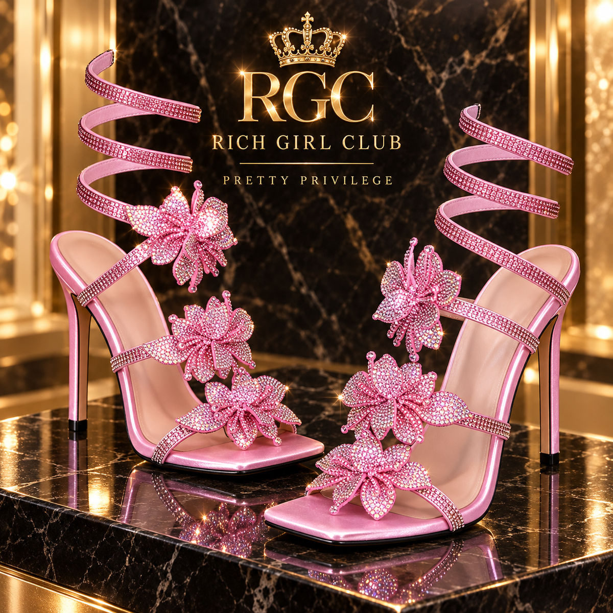 Pretty Privilege pink rhinestone wrap sandals with open square toes, floral bow accents and slim stiletto heels in an RGC boutique display.