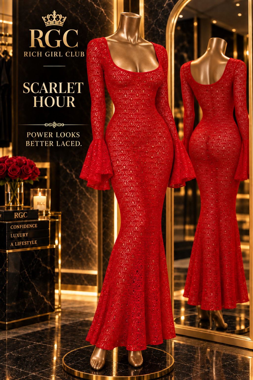 Scarlet Hour red lace flared-sleeve midi dress on an RGC mannequin, front view with mirrored back view