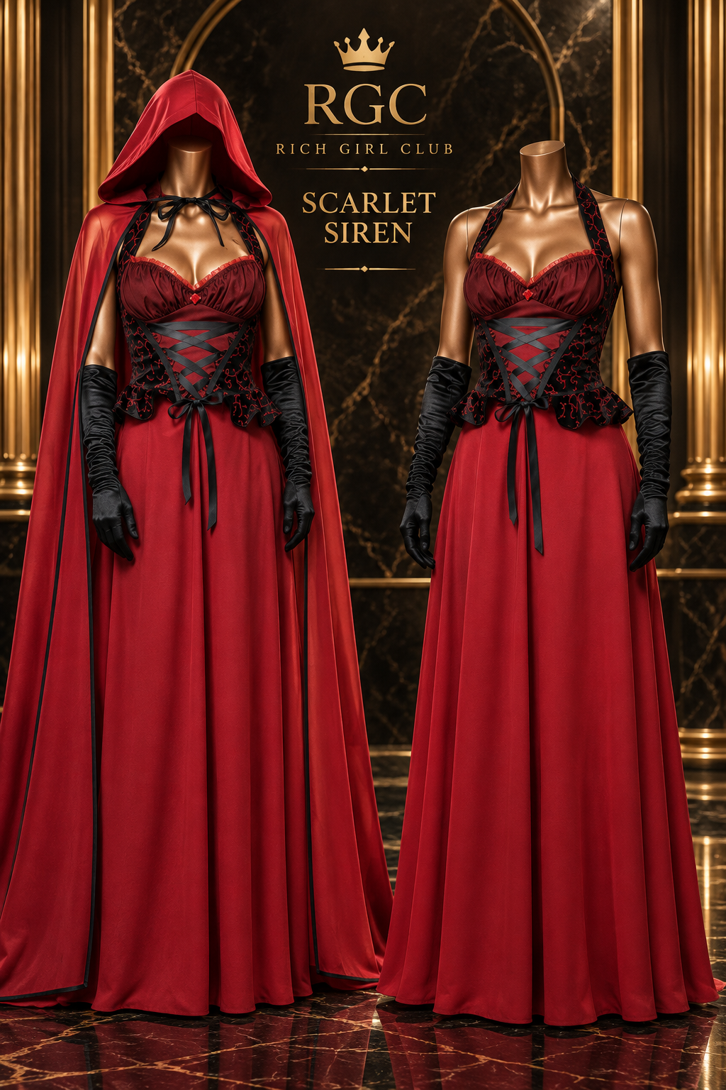 Scarlet Siren red-and-black costume shown cape-on and cape-off on two bronze headless mannequins