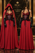 Scarlet Siren red-and-black costume shown cape-on and cape-off on two bronze headless mannequins