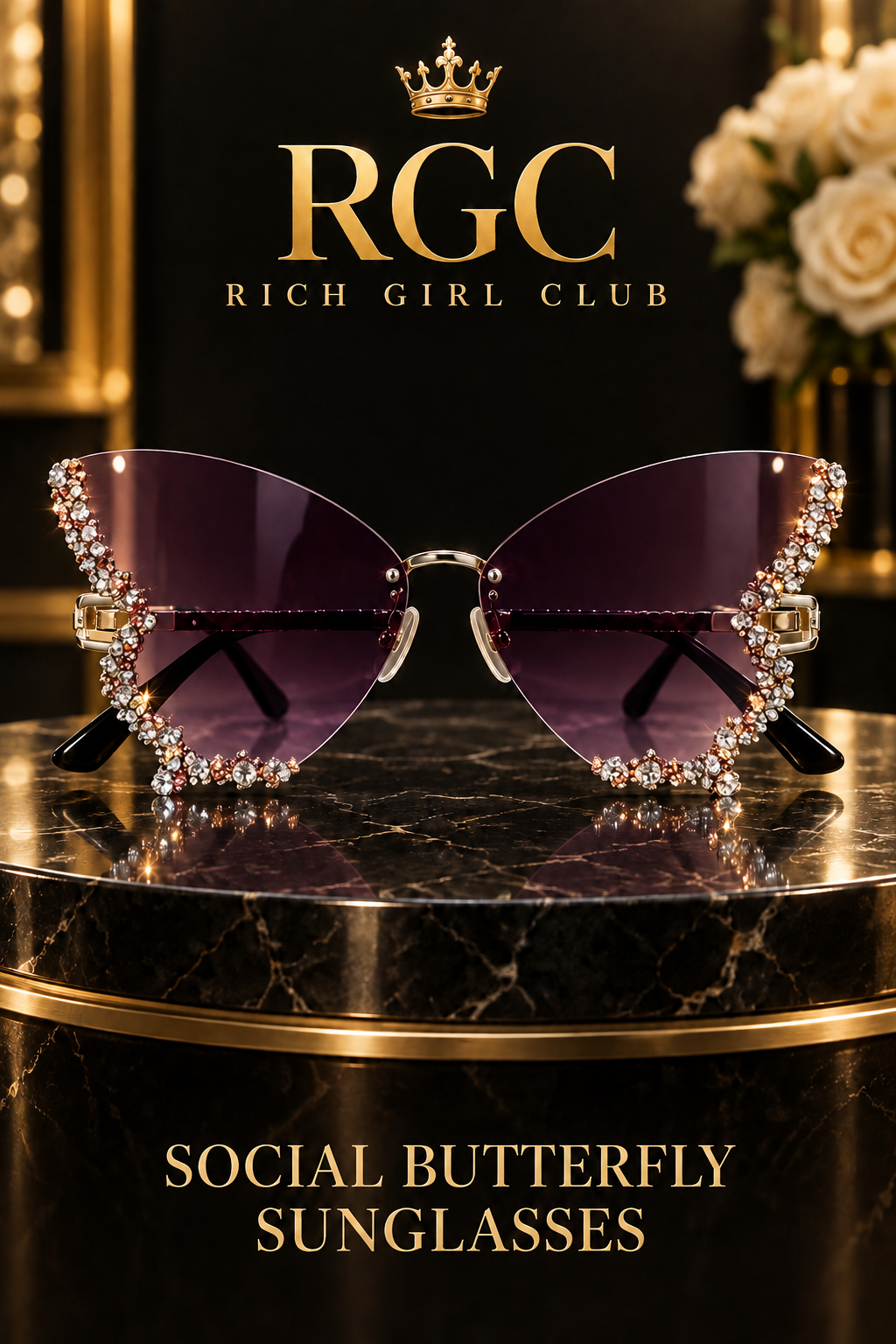 Dark Smoke and Violet Social Butterfly rimless sunglasses in a Rich Girl Club black-and-gold campaign.