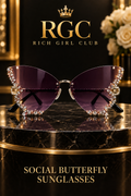 Dark Smoke and Violet Social Butterfly rimless sunglasses in a Rich Girl Club black-and-gold campaign.