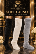 Soft Launch fuzzy over-the-knee socks in Black, Off White, and Grey