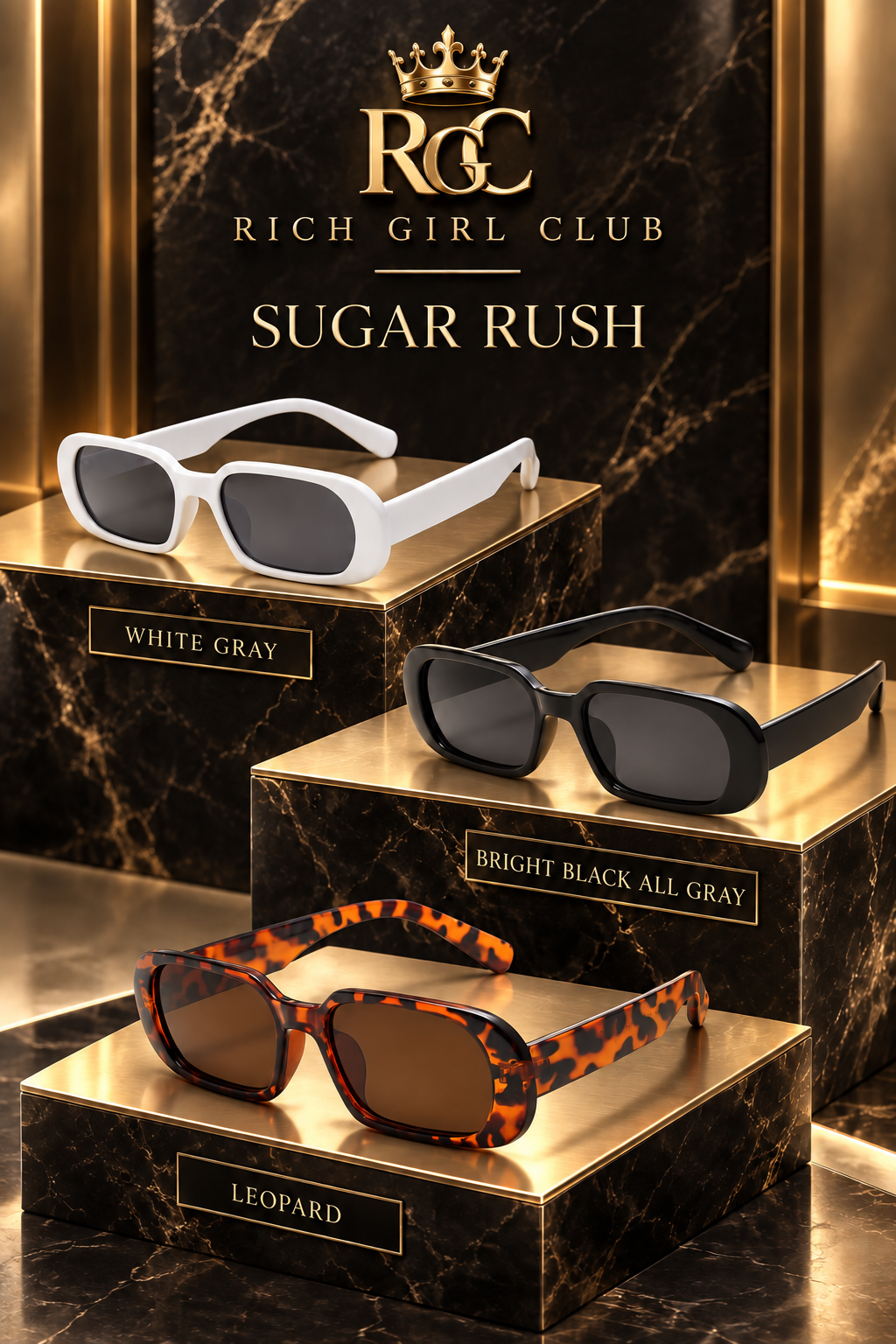 Sugar Rush sunglasses by Rich Girl Club in White Gray, Bright Black All Gray, and Leopard.
