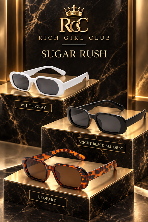 Sugar Rush sunglasses by Rich Girl Club in White Gray, Bright Black All Gray, and Leopard.