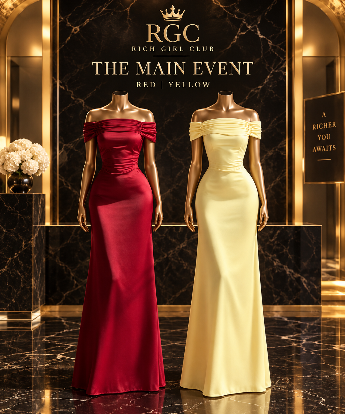 The Main Event floor-length evening dress in Red and Yellow on bronze RGC mannequins with off-the-shoulder draped necklines.