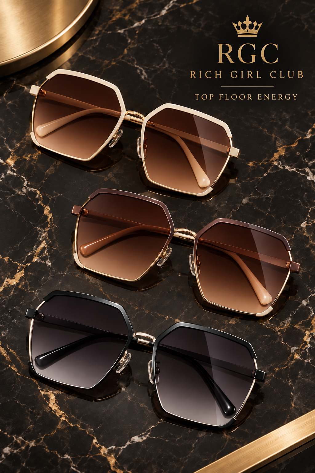 Top Floor Energy oversized metal half-frame sunglasses in cream, coffee, and black — RGC branded hero