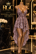 Western Carnival paisley high-low slip dress on the signature curvy RGC mannequin